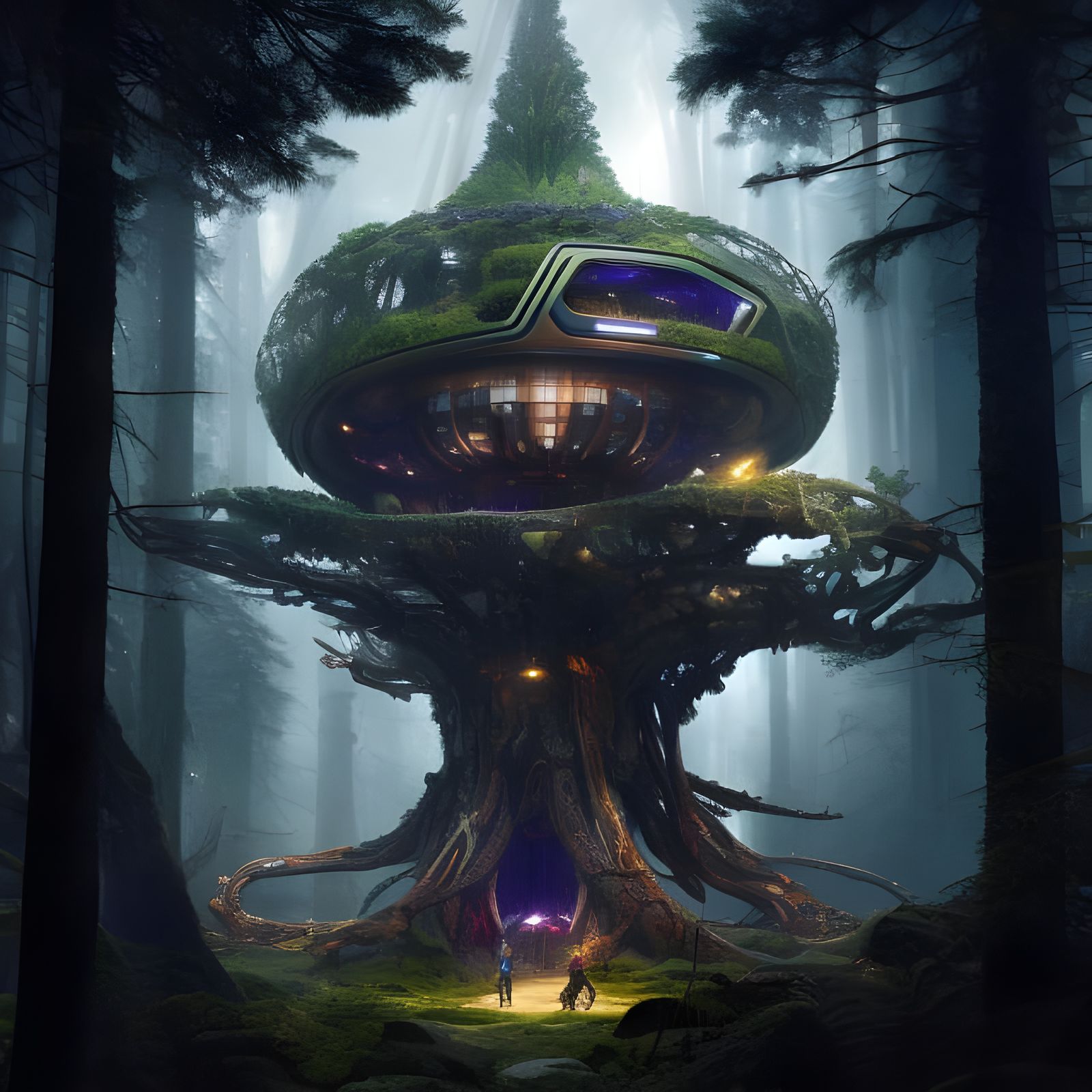 Futuristic Cybernetic Yggdrasil Treehouse in Forest
