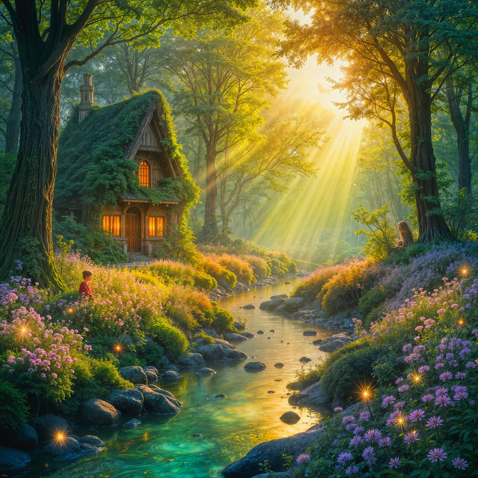 Magical Fantasy Forest Landscape at Golden Hour