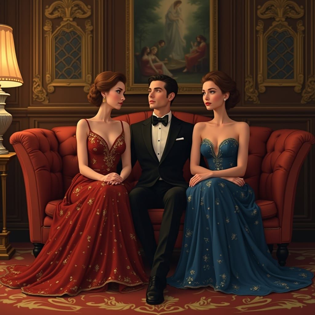 Two Women in Elegant Evening Gowns, Surrounded by Lavish Opu...