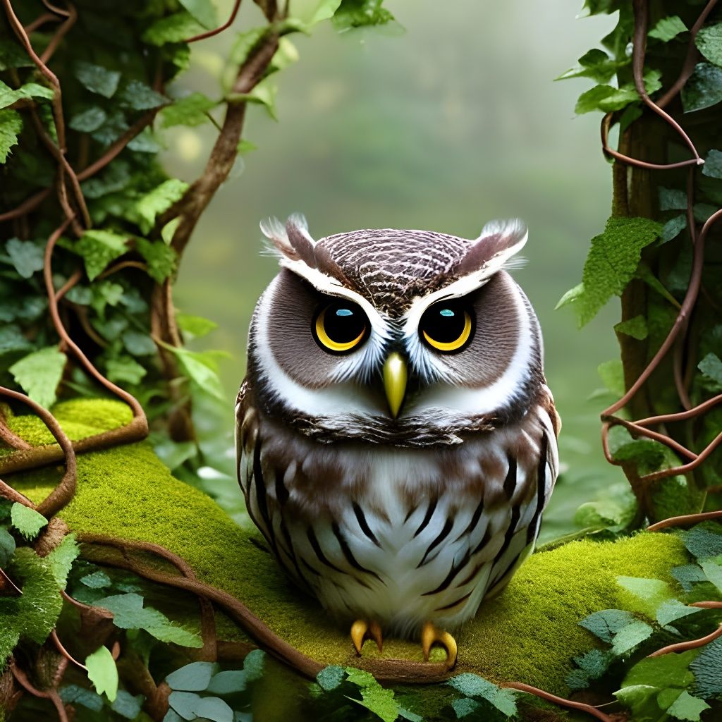 cute owl in ivy forest covered in vines