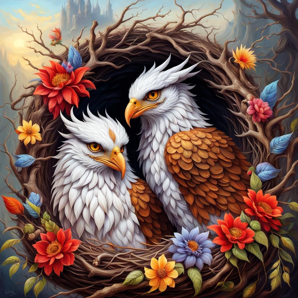 Griffins in Witch Hats in Elaborate Nest, Old Painting