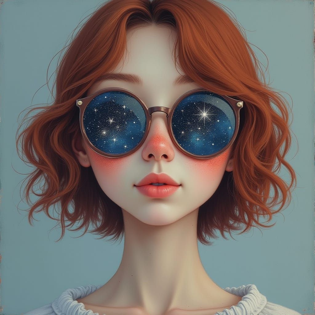Surreal Woman with Galaxy Glasses in Pastel Illustration