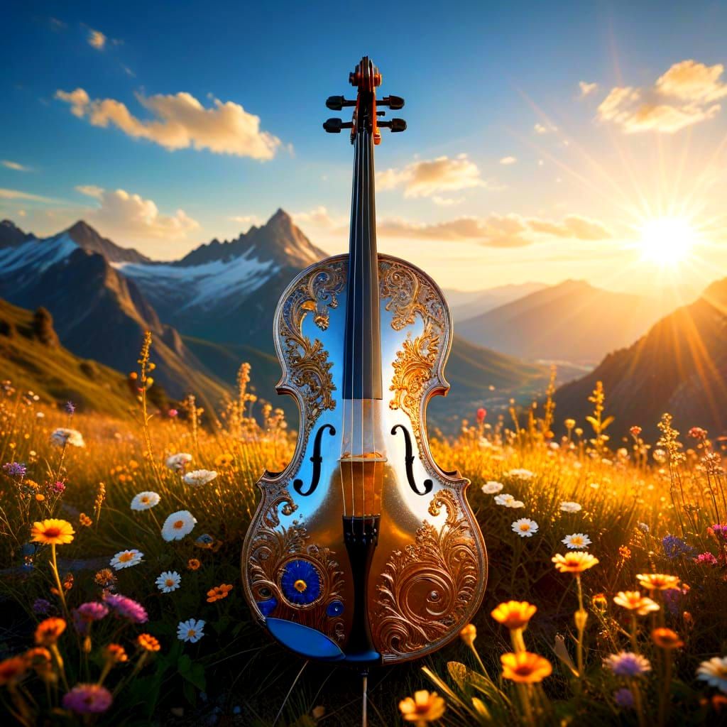 Baroque Cello Masterpiece in a Vibrant Mountain Landscape