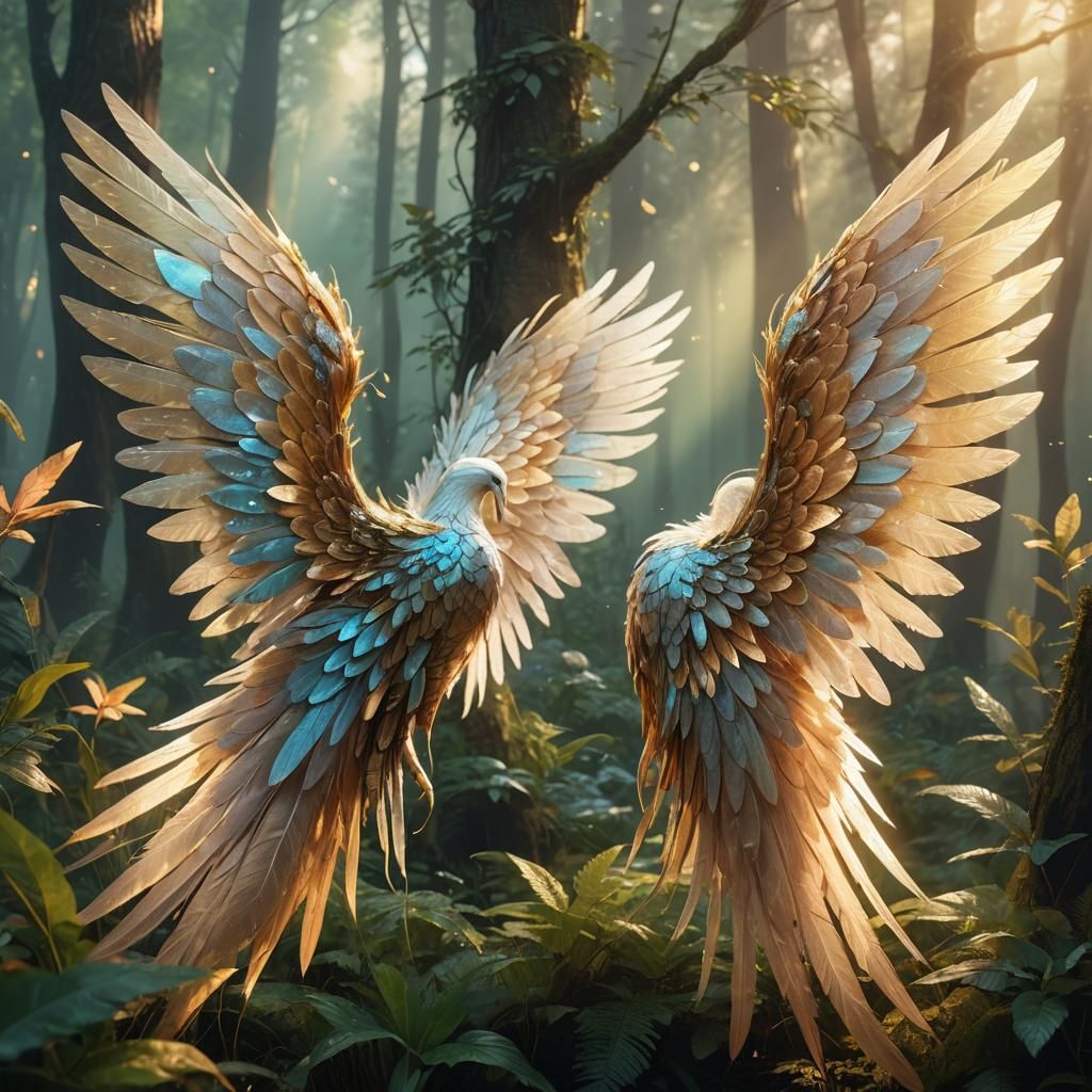Angelic Wings in Dawn Forest, Fantasy Matte Painting