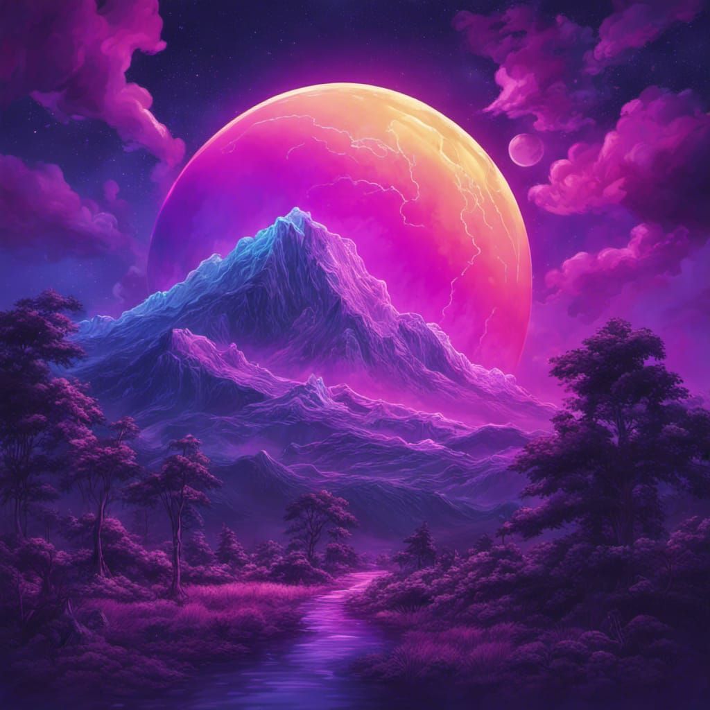 Hyperrealistic Purple Night Sky with Rainbow Moon