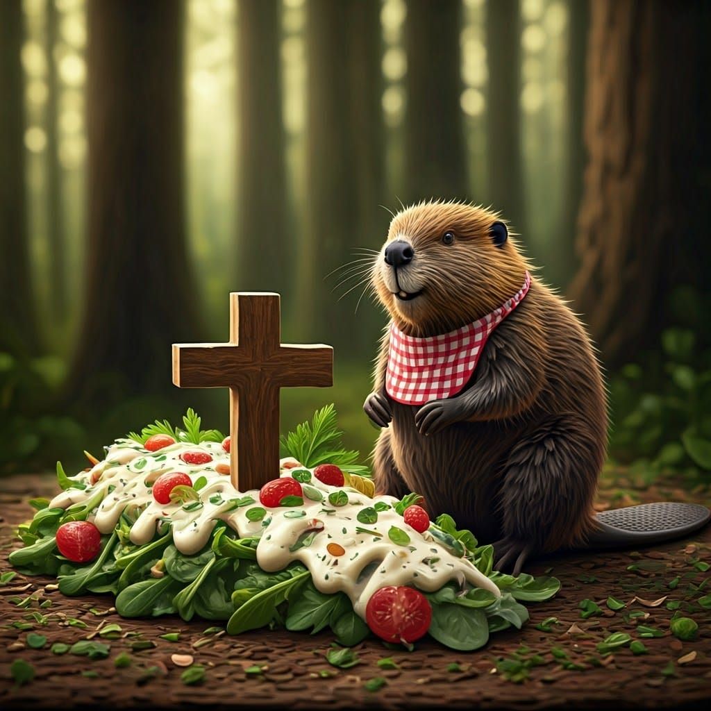 Beaver Sits Eagerly Before Salad-Dressed Cross in Whimsical ...