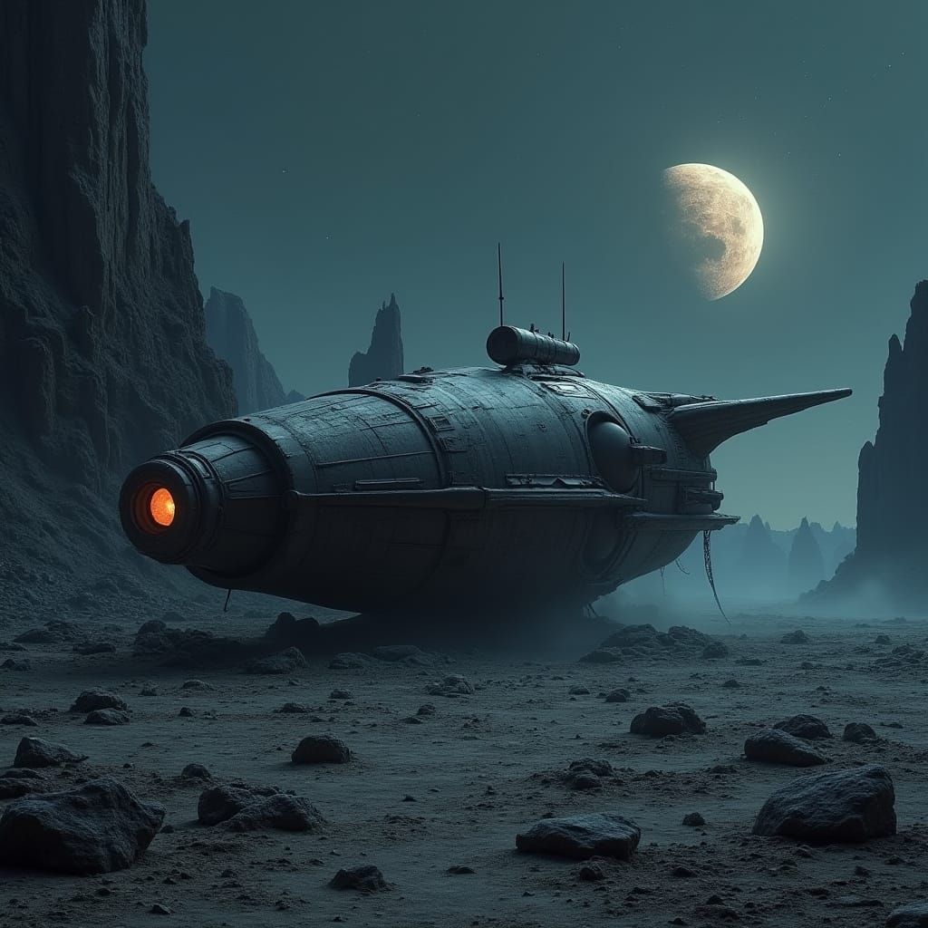 Crashed Starship in Barren Landscape Under Planetoid Sky