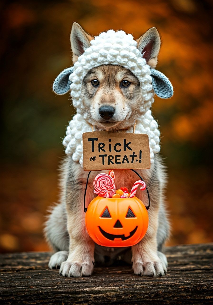 Wolf Pup in Crocheted Sheep Costume with Candy Bucket