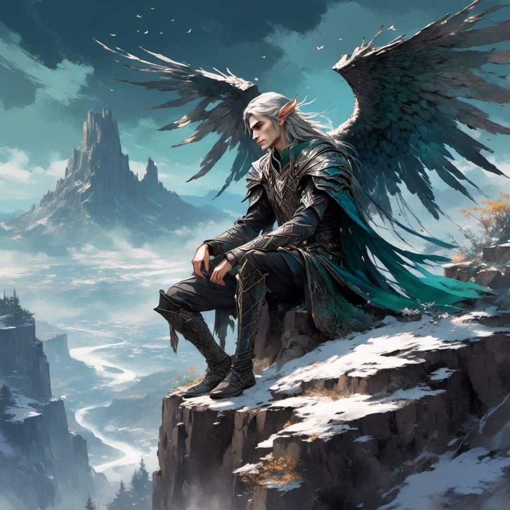 Elven Prince Basking in Majestic Mountain Scene