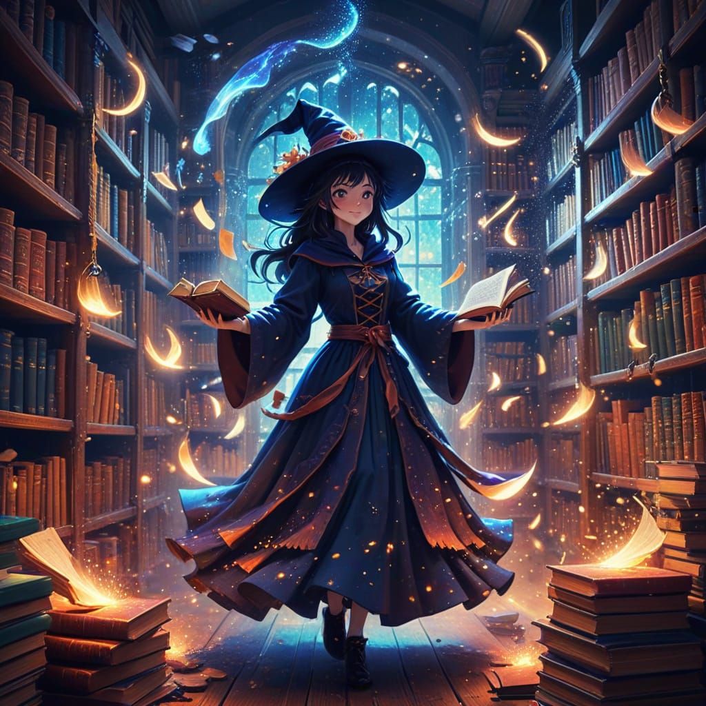 Anime Witch Librarian in Magical Library