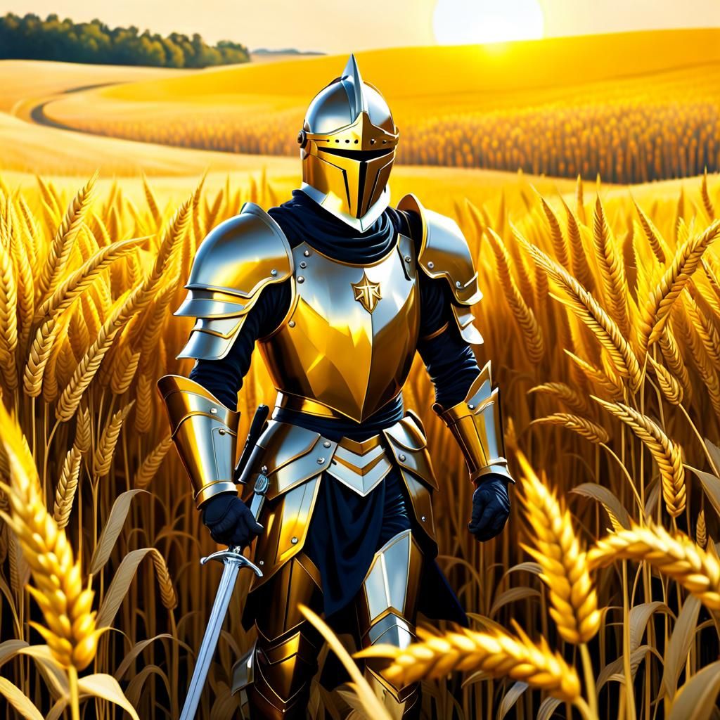 A golden knight in a yellow wheat field under a yellow Sun, ...