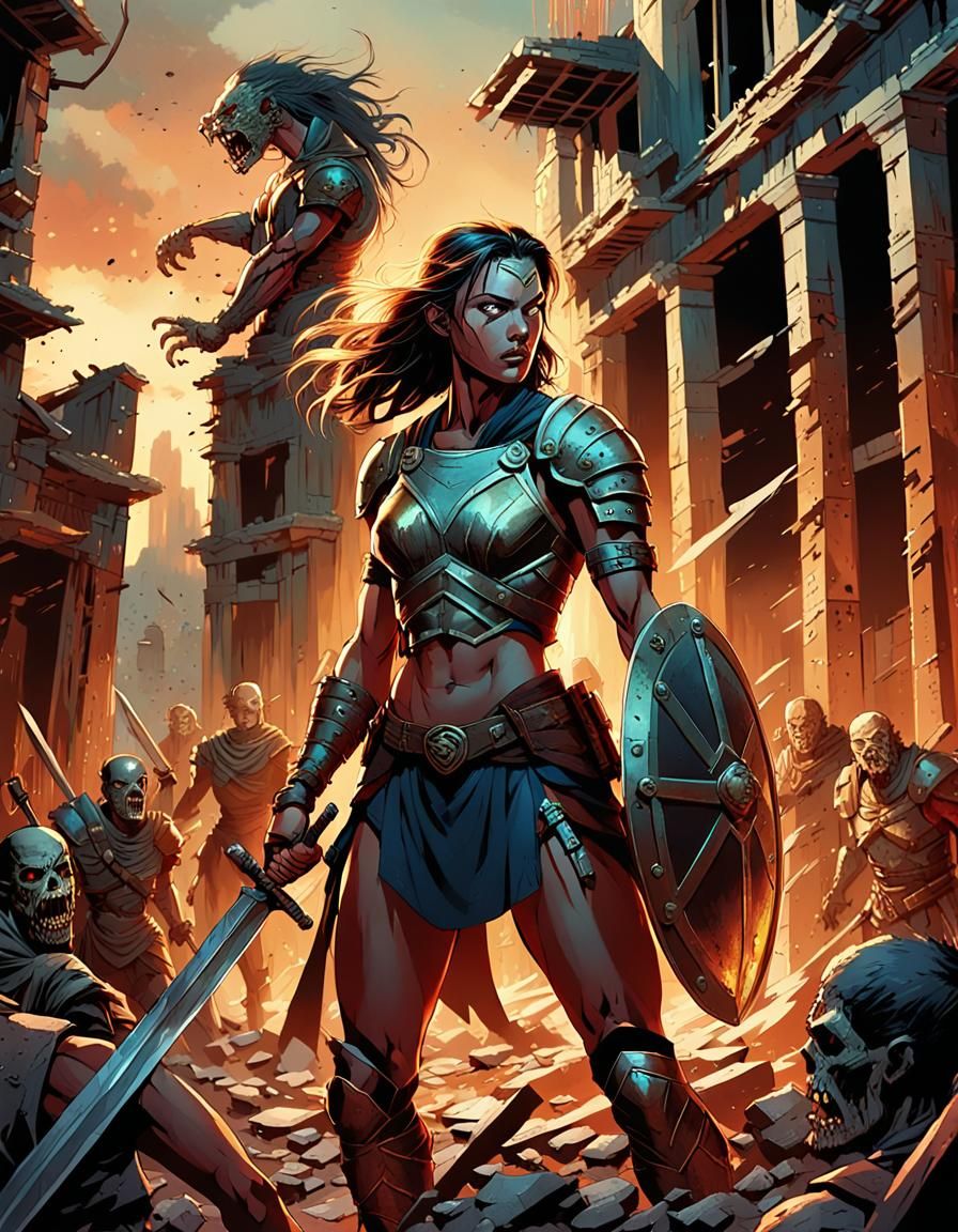 Female Warrior Facing Zombie Horde in Comic Book Art