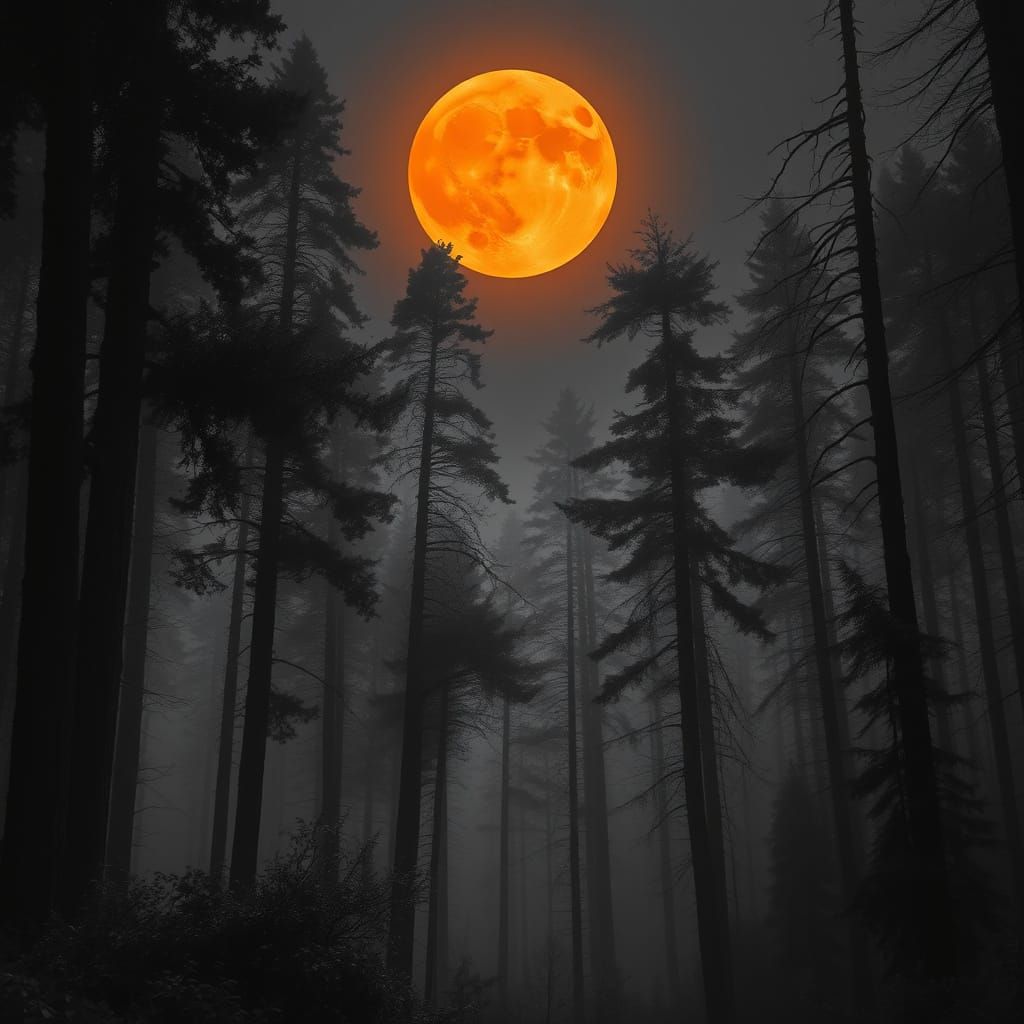 Mystical Black and White Forest with Orange Moon