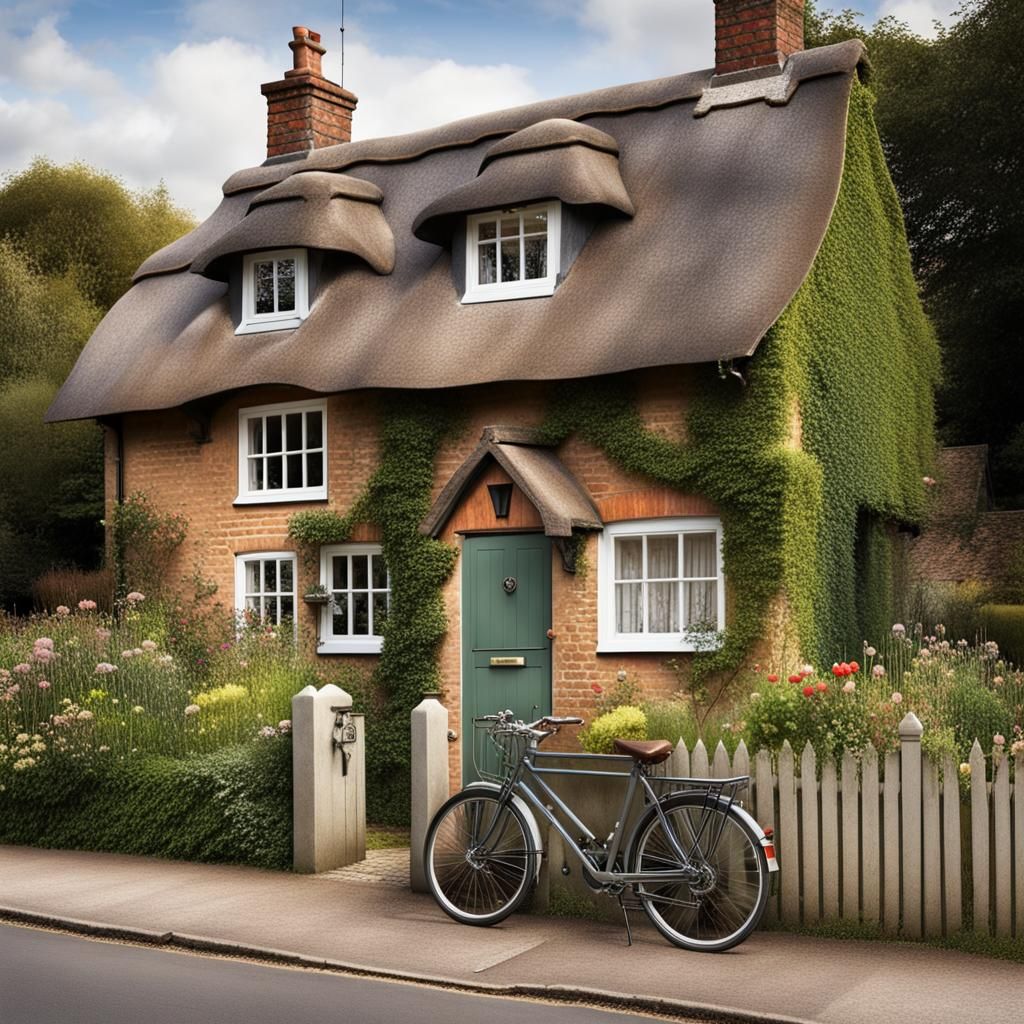 Charming English Cottage with Bicycle, Photo-Realistic Style