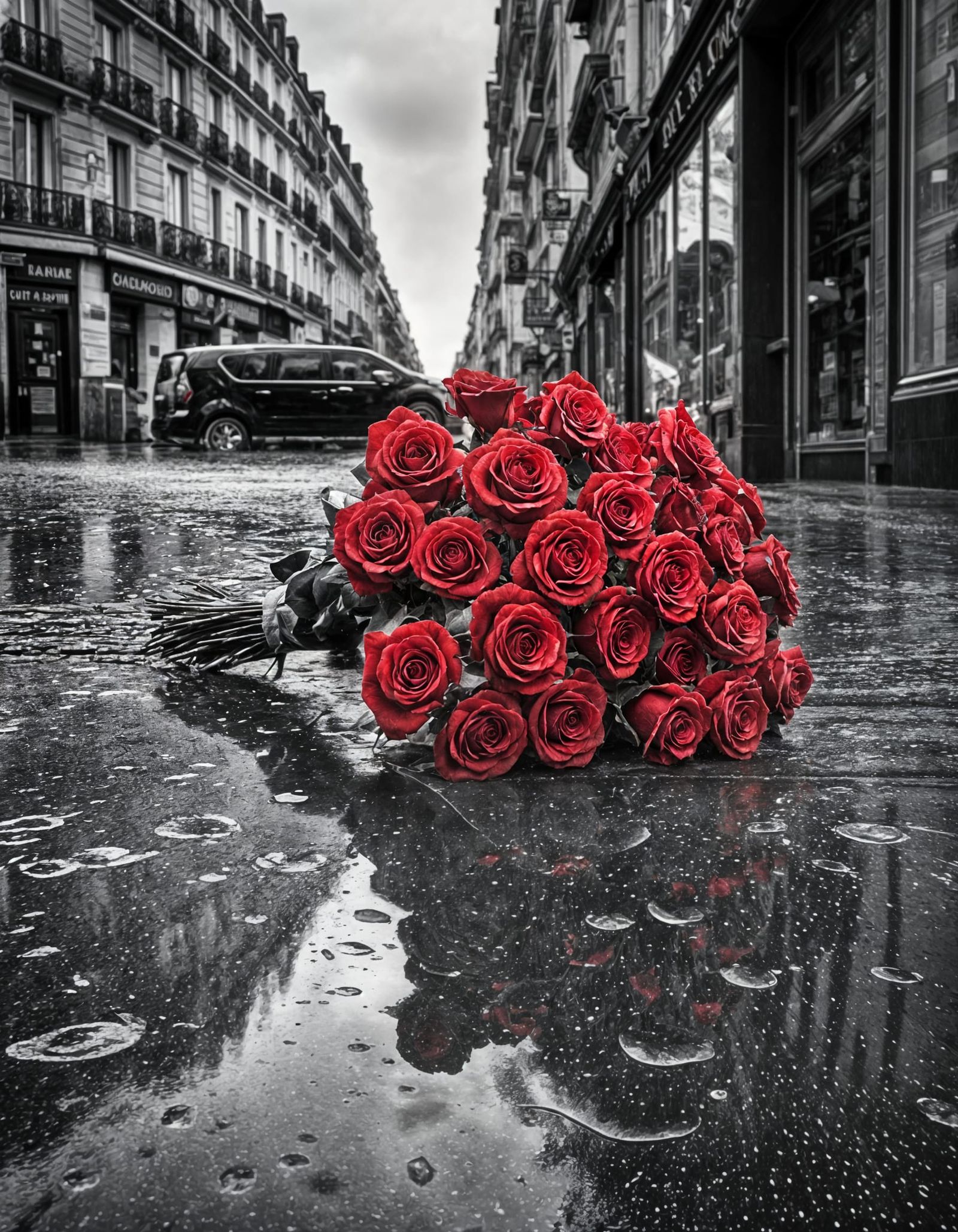 Wilted Roses on a Rainy Paris Street