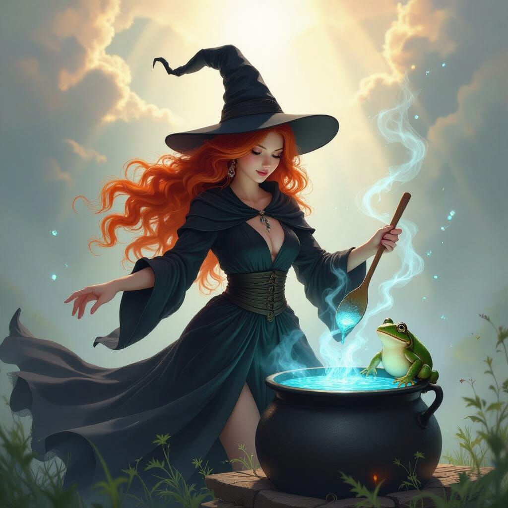 Red-Haired Witch Stirring Cauldron in Ethereal Style