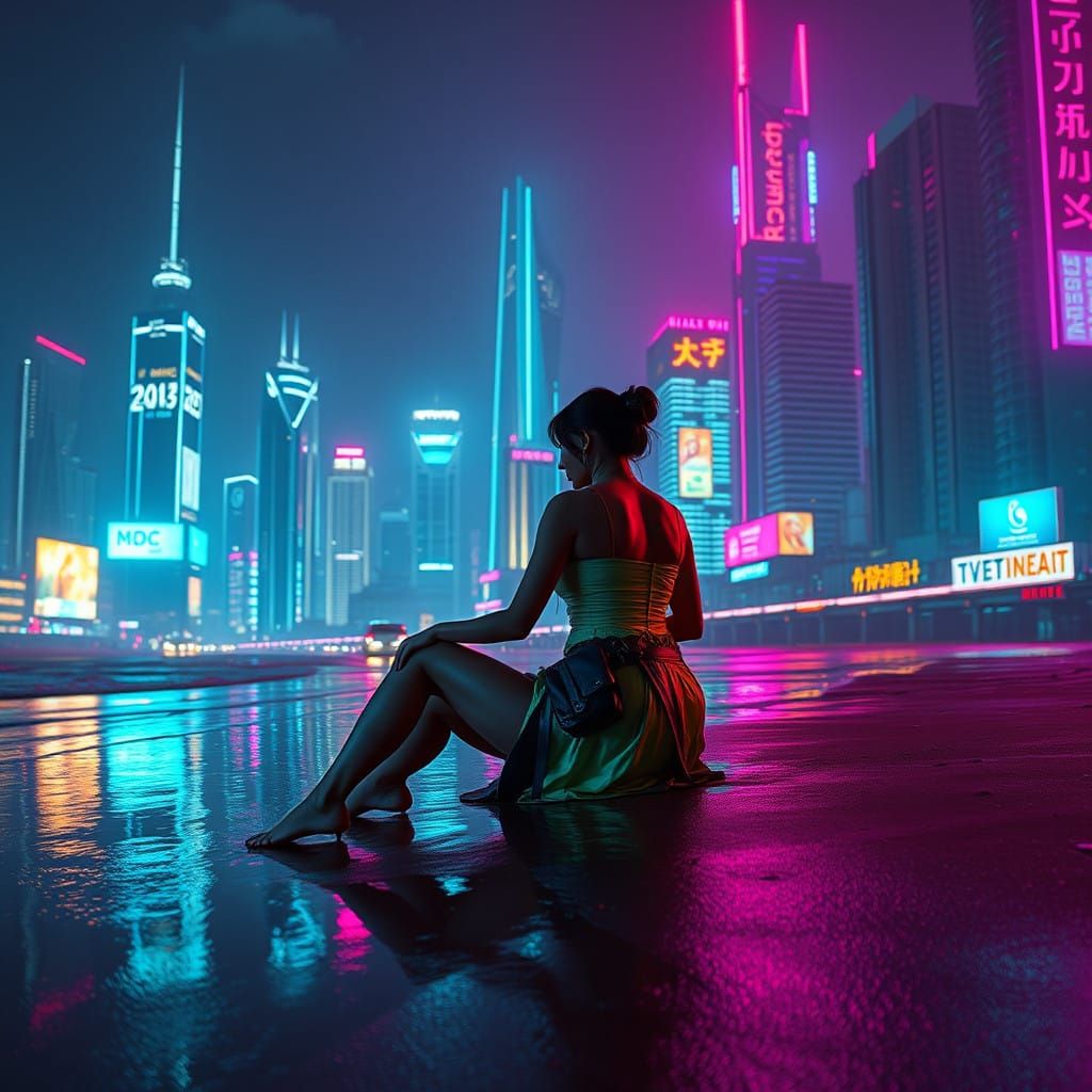 Futuristic Beach Moment in Cyberpunk Style
