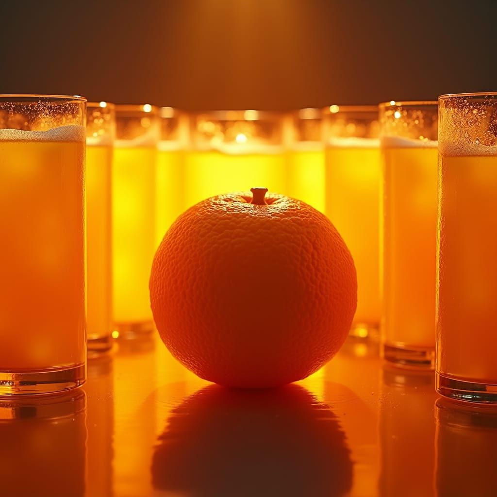 Illuminated Orange with Orange Juice: Oil Painting Style