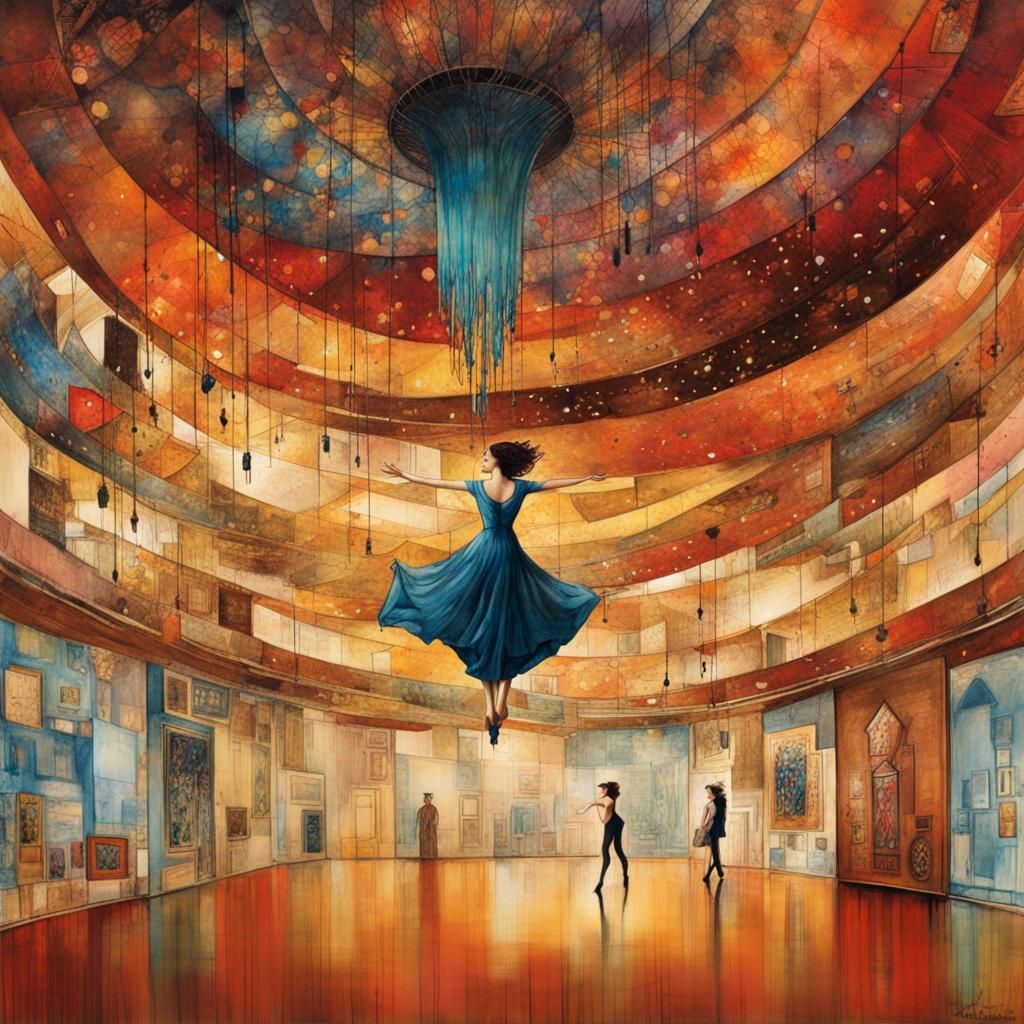 Woman Walking on Ceiling in Art Brut Style