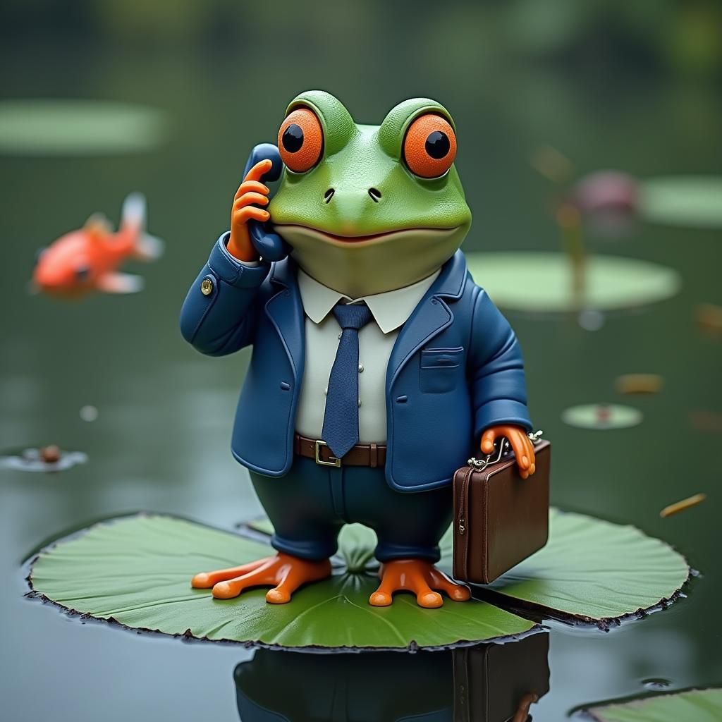 Frog in Blue Suit on Lily Pad