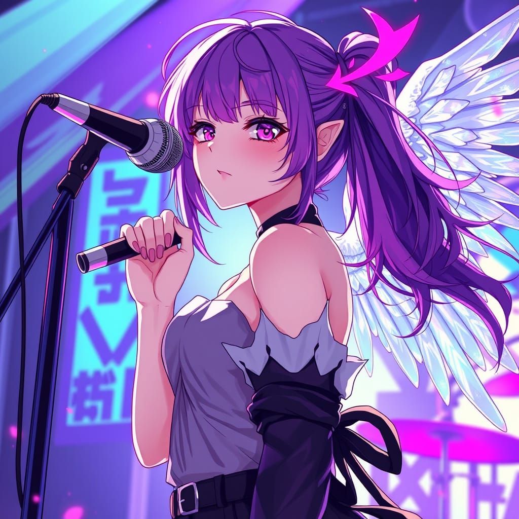 she is the on with violet hair and pink eyes her voice of an...