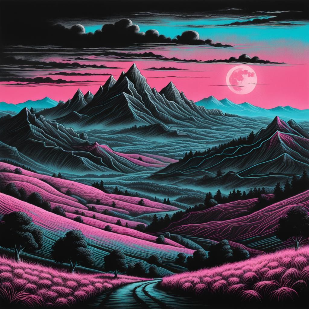 Synthwave Swinelands: A Retro Horror Charcoal Drawing