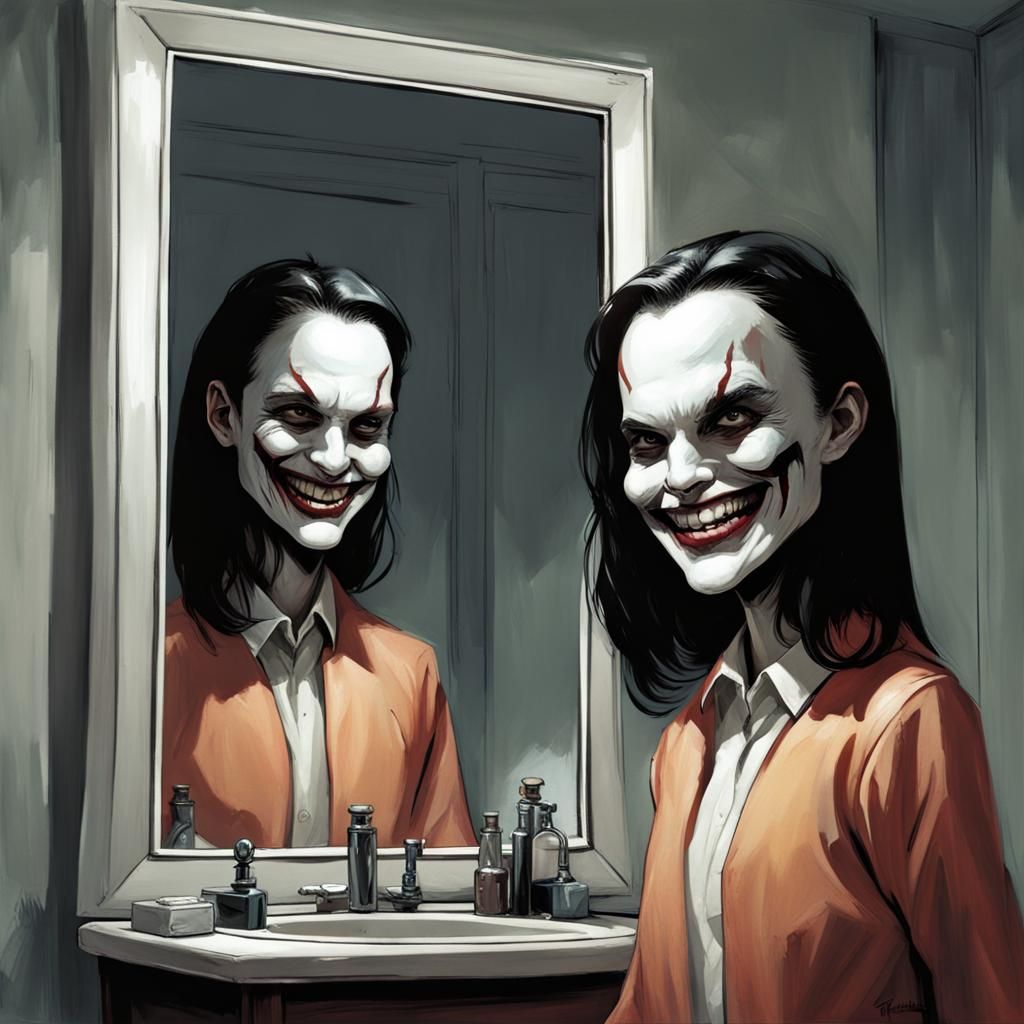 Sinister Doppelganger Smiling in Mirror, Detailed Art