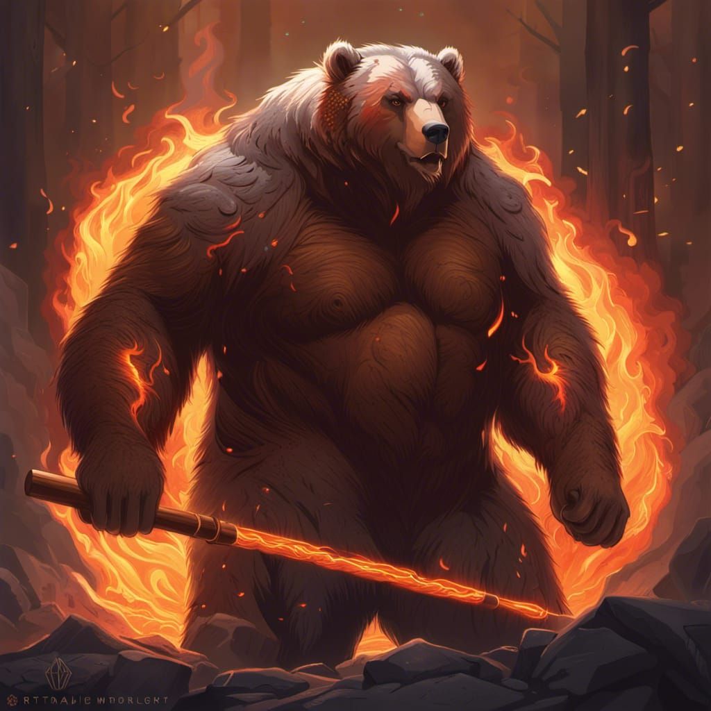 Fiery Grizzly Bear Giant with Mallet, Digital Art