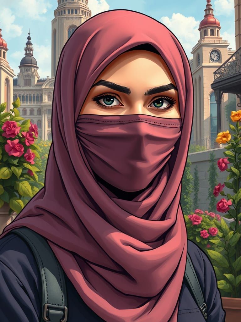 Hijab Woman Portrait in Detailed Comic Book Style