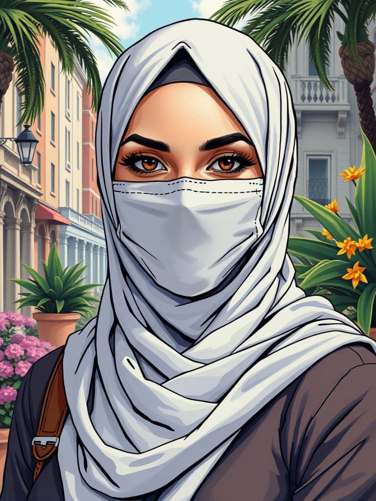 Hijab Woman in City Garden, Comic Book Style