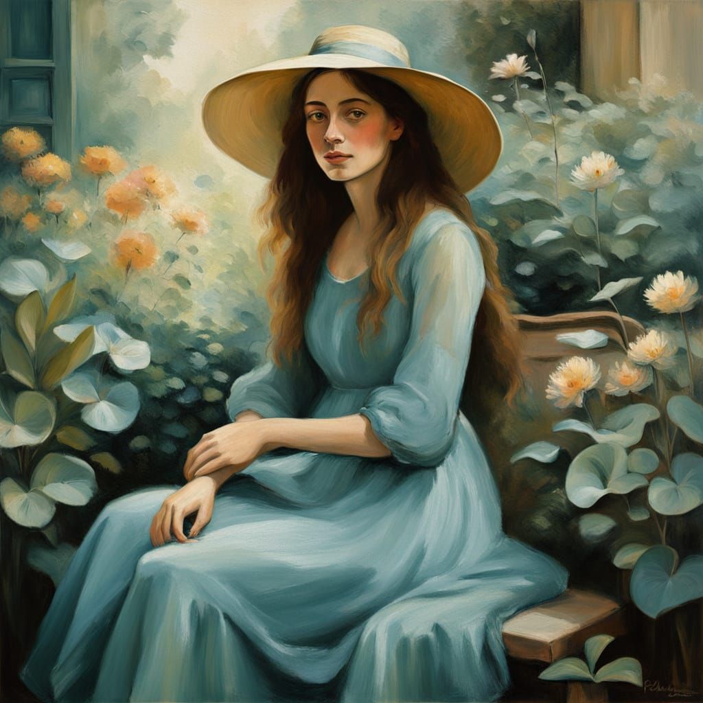Woman in Serene Teal Garden