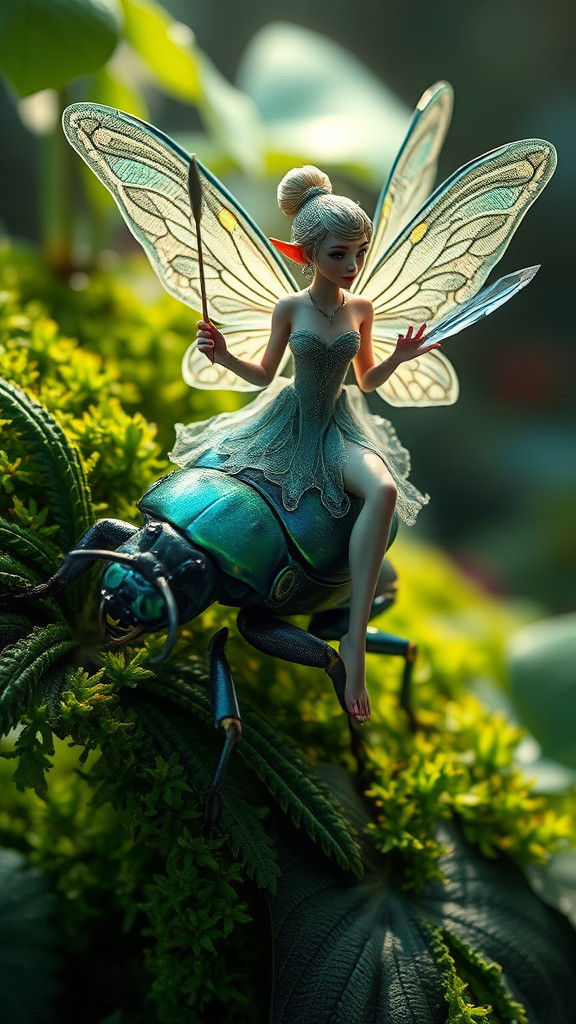 Fairy Riding Beetle with Crystal Wand as 3D Render