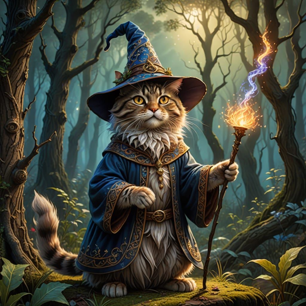 Whimsical Cat Wizard Casting Spell in Enchanted Forest