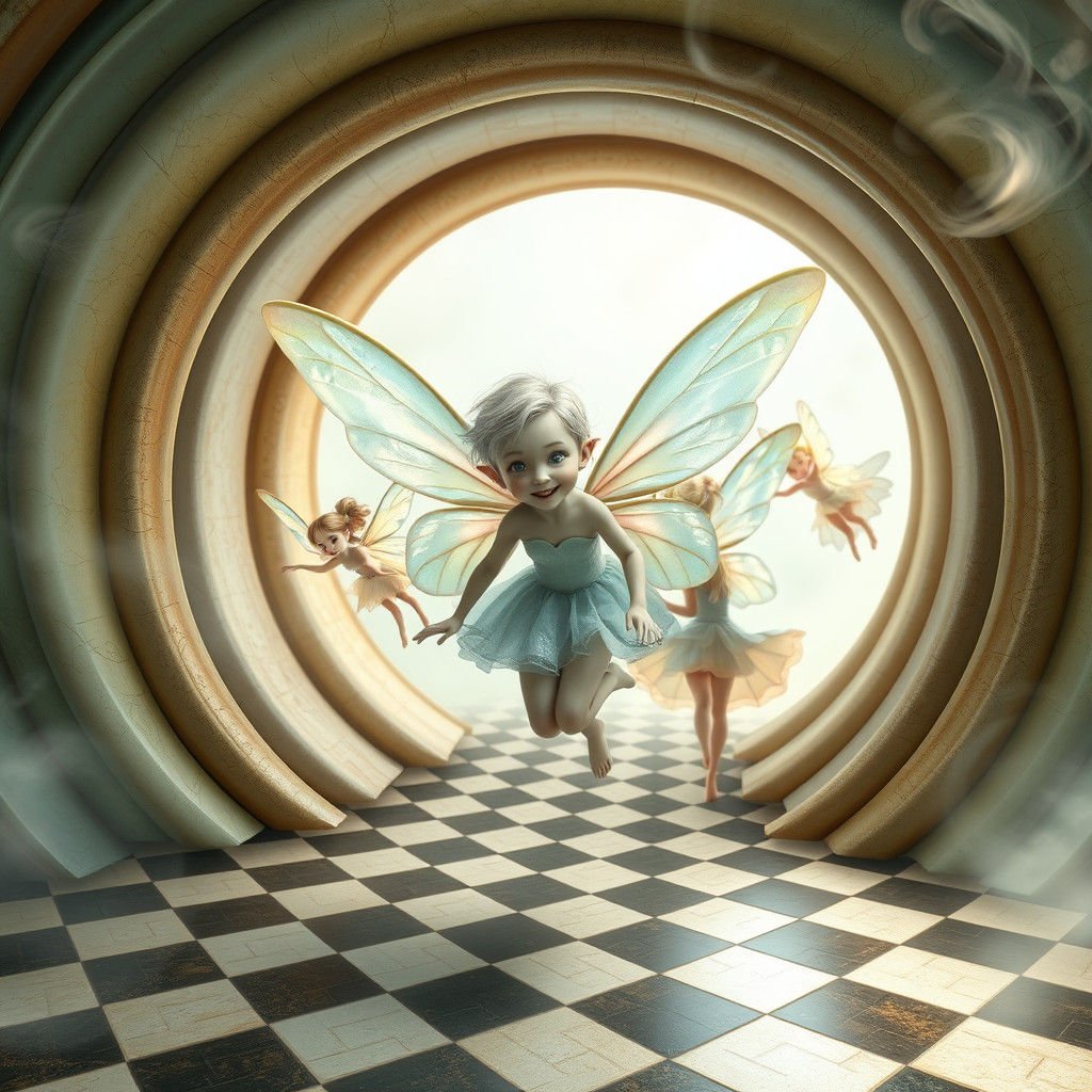 Fairies Emerging from Checkered Portal in Surreal Style