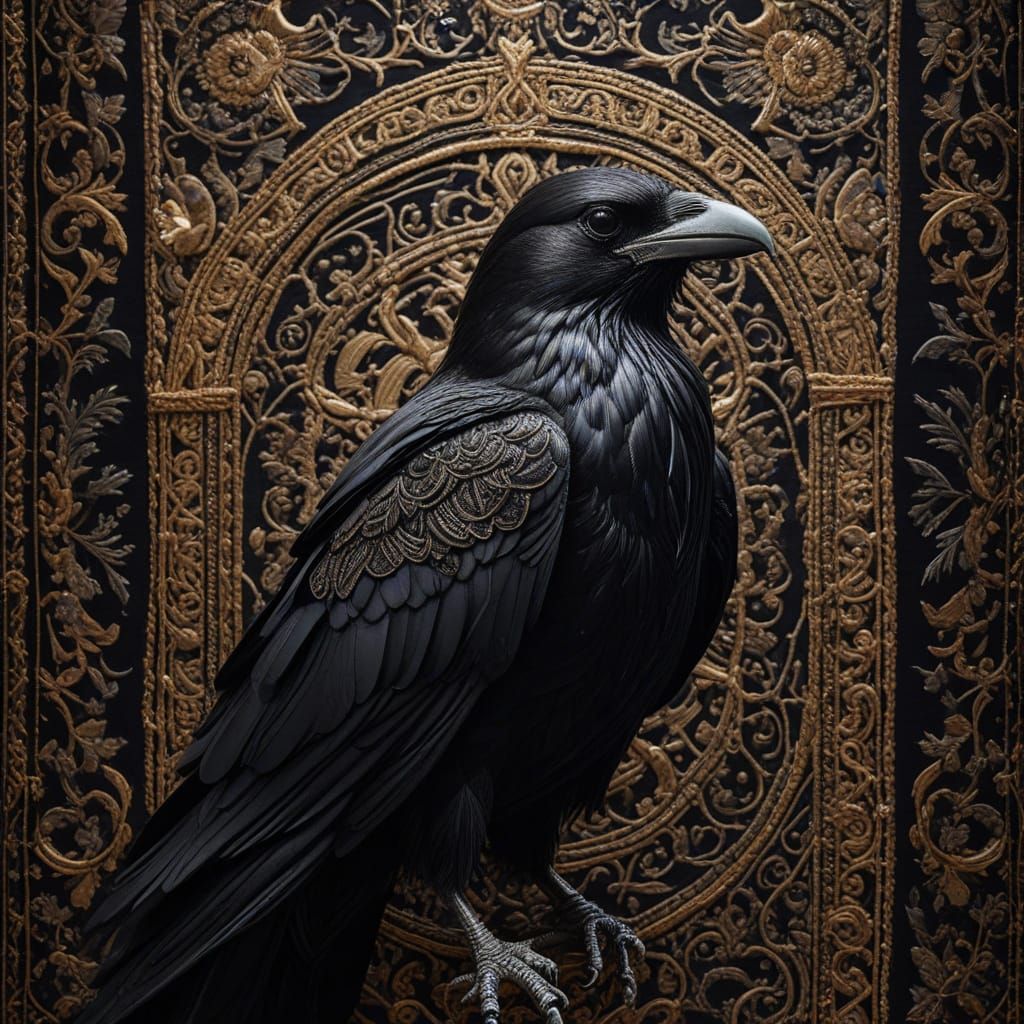 Obsidian Raven Tapestry in Textile Art Style
