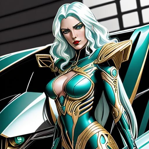 Teal Supercar with Gold Filigree in Comic Book Style