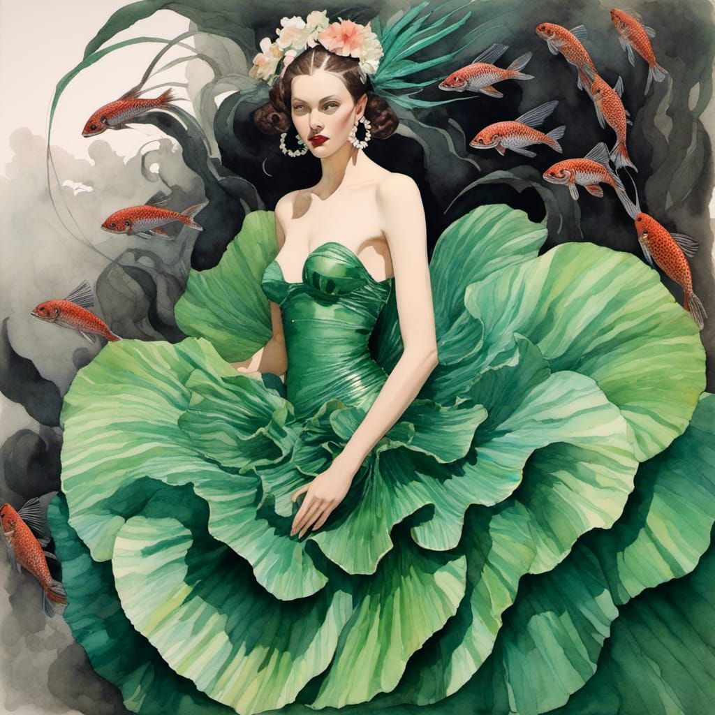 Black Mermaid in Green Skirt Watercolor Portrait