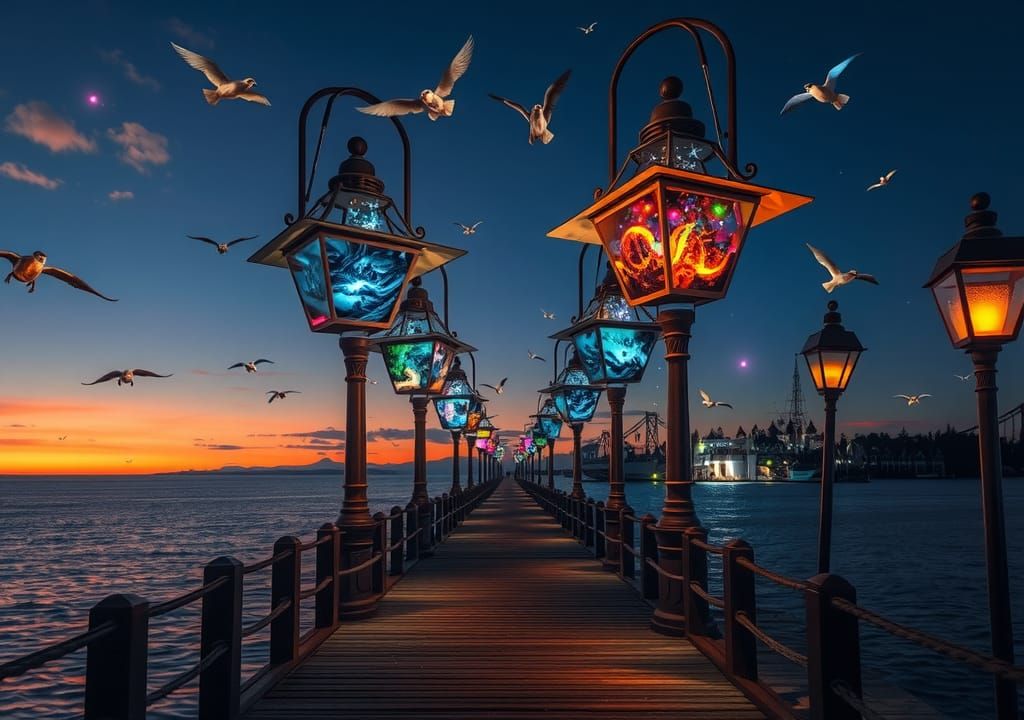 Surreal Star Lamps on Pier at Night