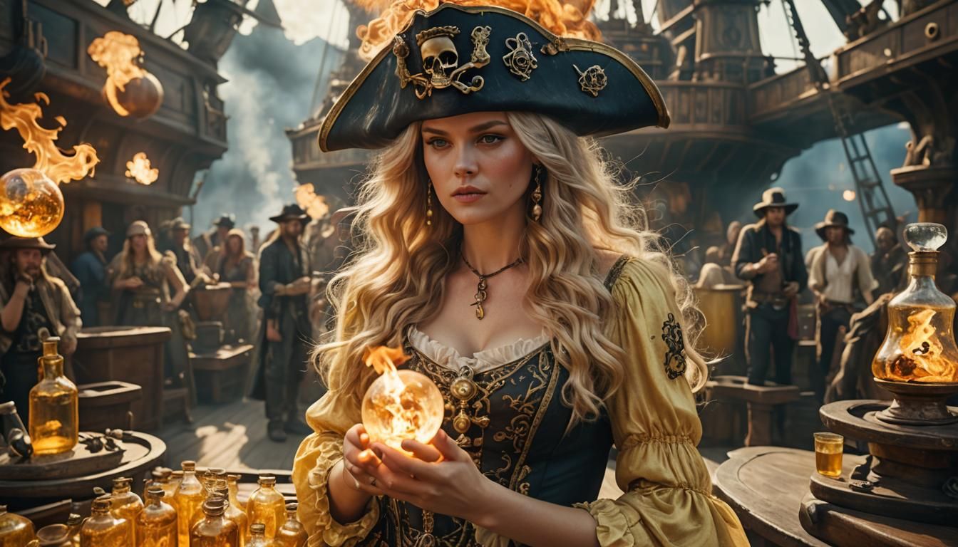 Woman with Flaming Ice on Spaceship: Hyperrealistic Photo