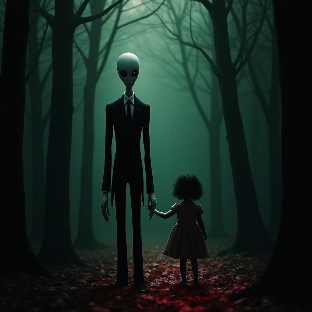 Slenderman in Dark Forest with Child