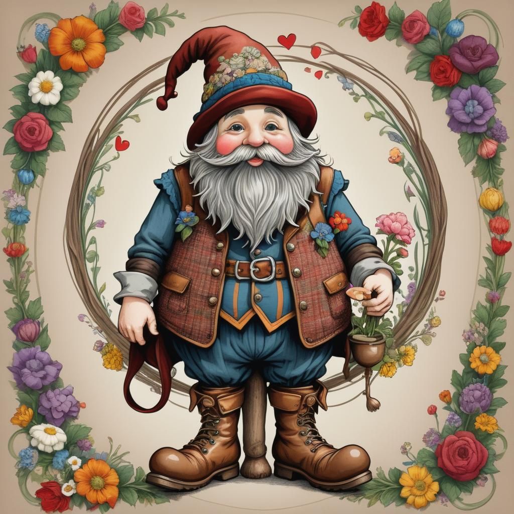 Detailed Gnome Logo with Floral Heart Frame