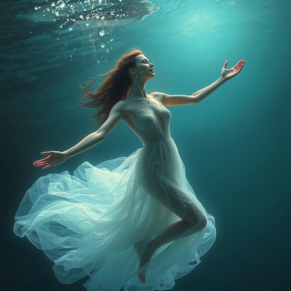 Water Gown Woman Rising from Moonlit Lake