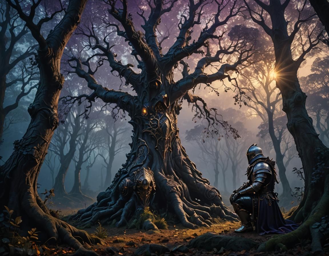 Knight Kneeling Before Mystical Tree in Gothic Style