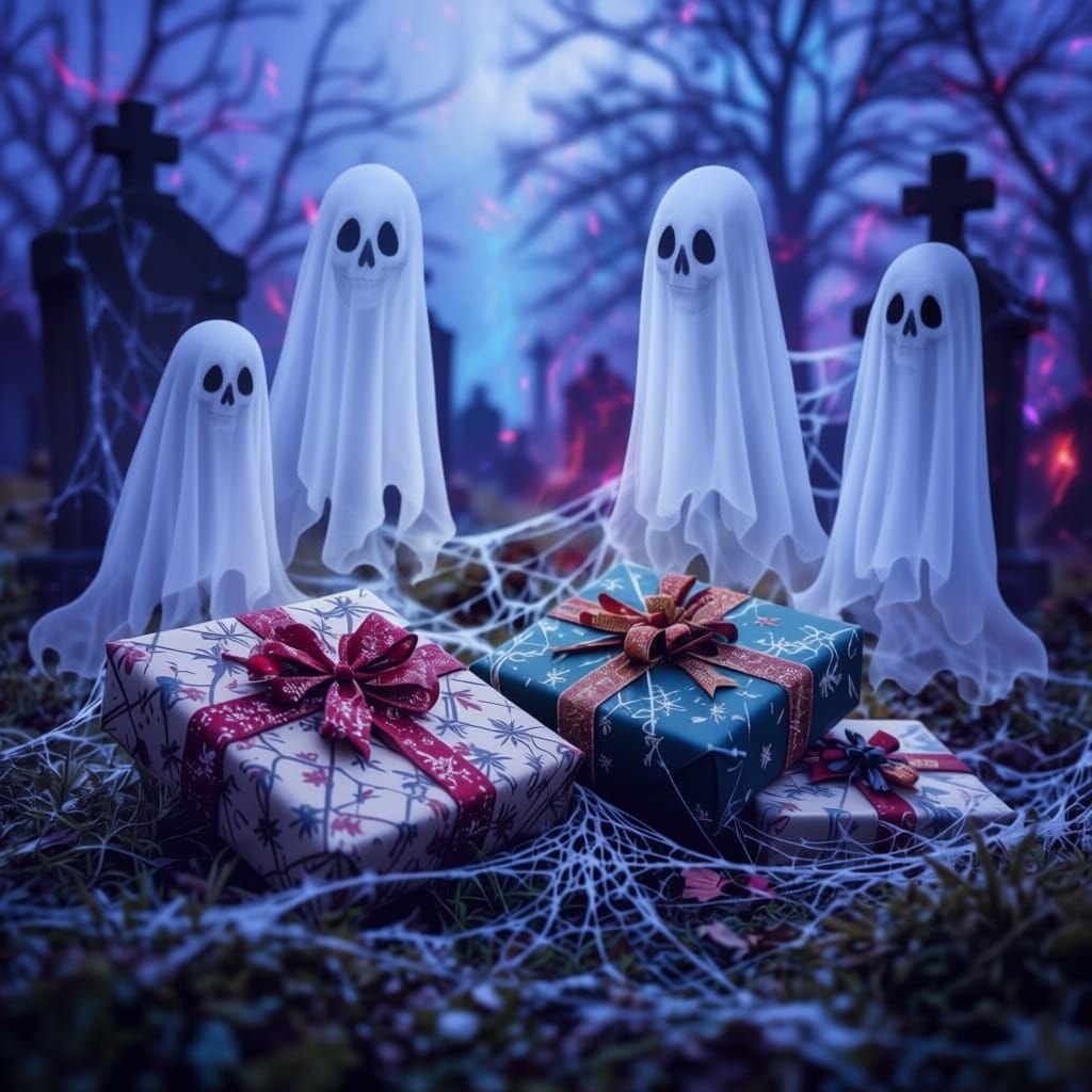 Sad Ghosts at Spooky Birthday Party with Glowing Background