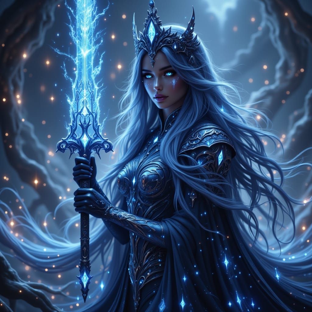 Ethereal Woman with Crystalline Blade in Anime Style