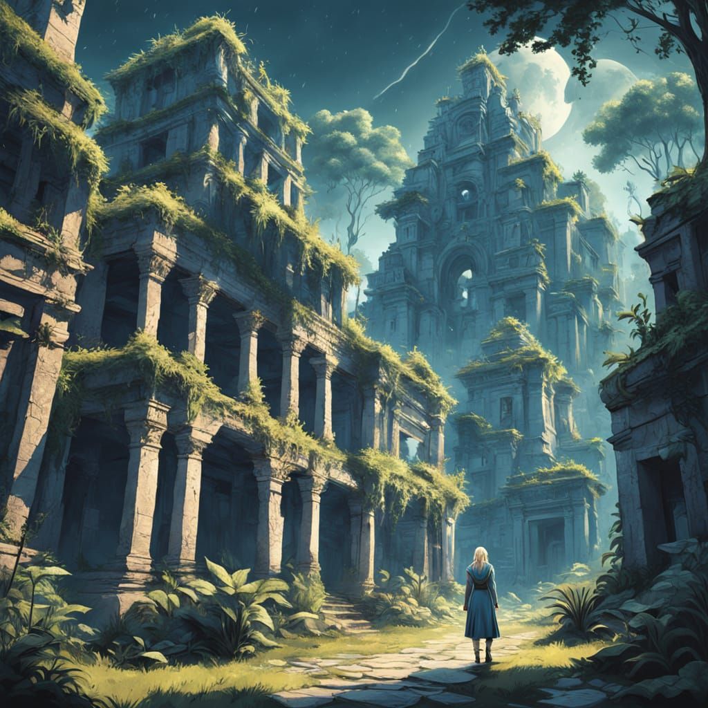 Albino Elf in Lost Jungle City Under Moonlight