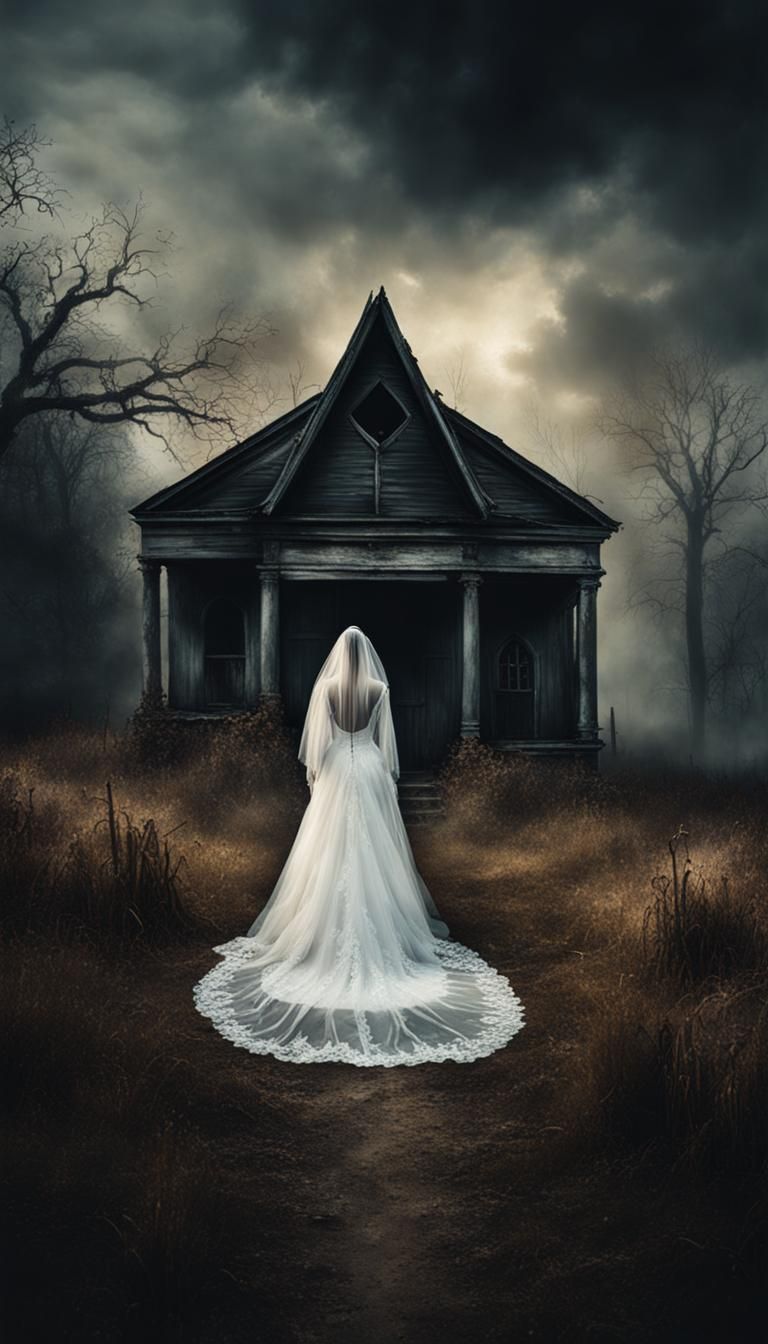 Ghost Bride Haunts Dilapidated Chapel: Ominous Oil Painting