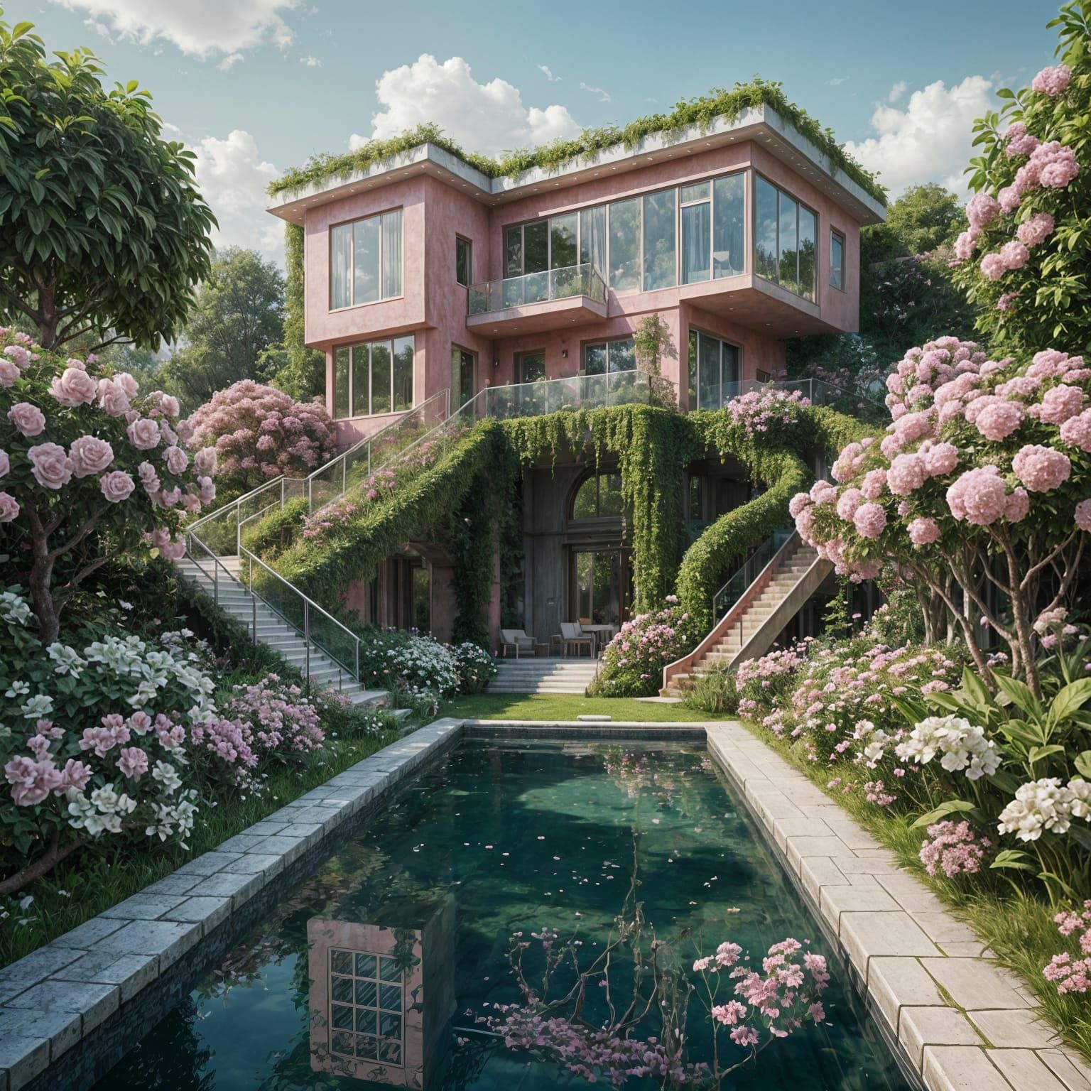 Surreal Pink Mansion Unveils Hidden Oasis