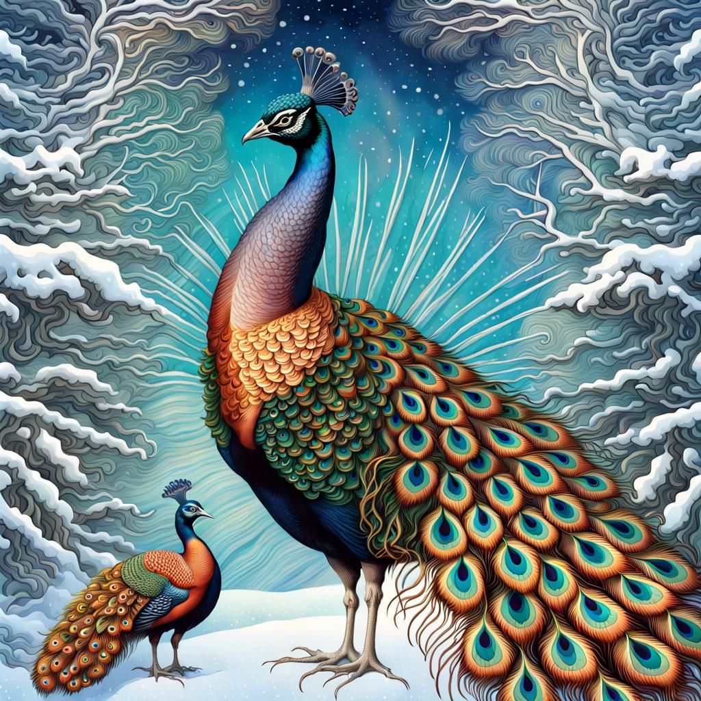 Hyperdetailed Peacock in Winter Snow