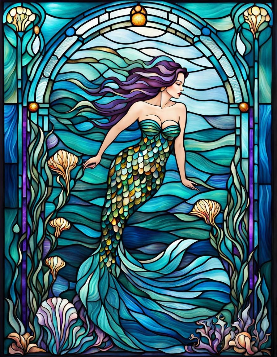 Surreal Mermaid in Stained Glass Style